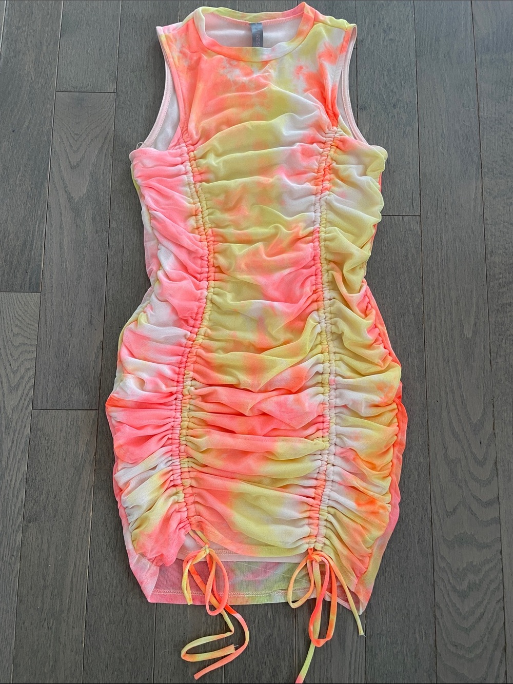 Tresser Tie Dye Mesh Ruched Bodycon Dress Neon Pink Orange Drawstring Small